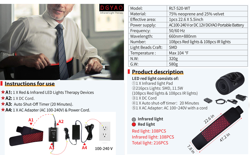 dgyao® Red Infrared Light Therapy Devices Wrap for Back Pain Relief(SMD ...